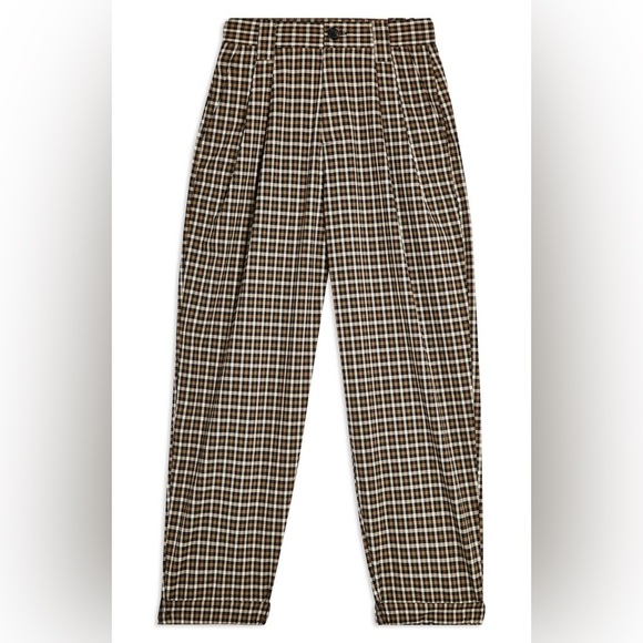 TOPSHOP High Waisted Brown Black Plaid Ankle Trouser Pants | Wide Tapered Leg - Picture 4 of 12
